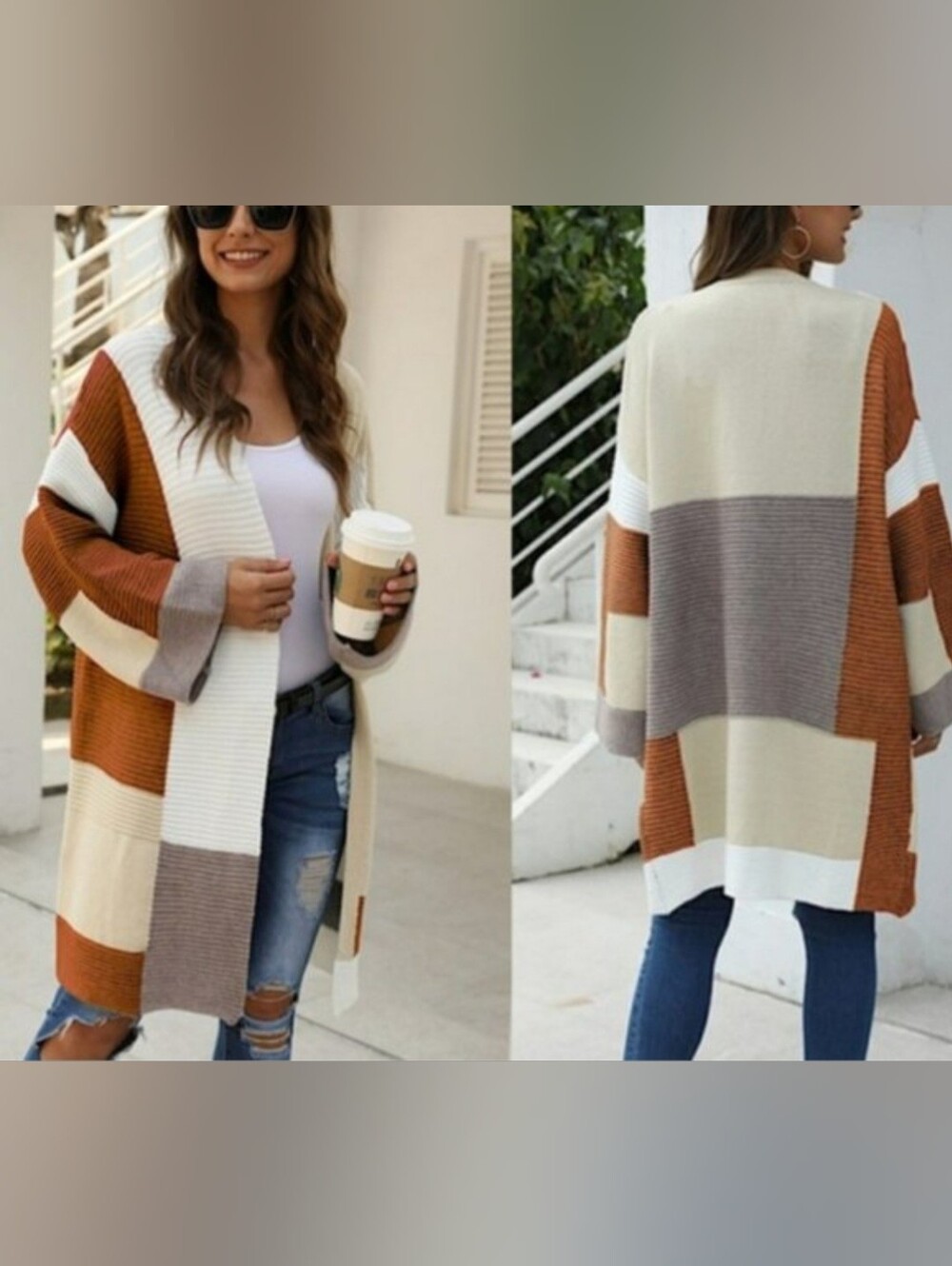 Ms. Sparkling Open Front, Drop Shoulders, Color Block Cardigan Sweater Size XXL
